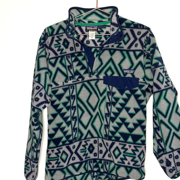 Vintage Patagonia Printed Snap-T Montana Siete Feather Grey Synchilla Size XS - Picture 1 of 14
